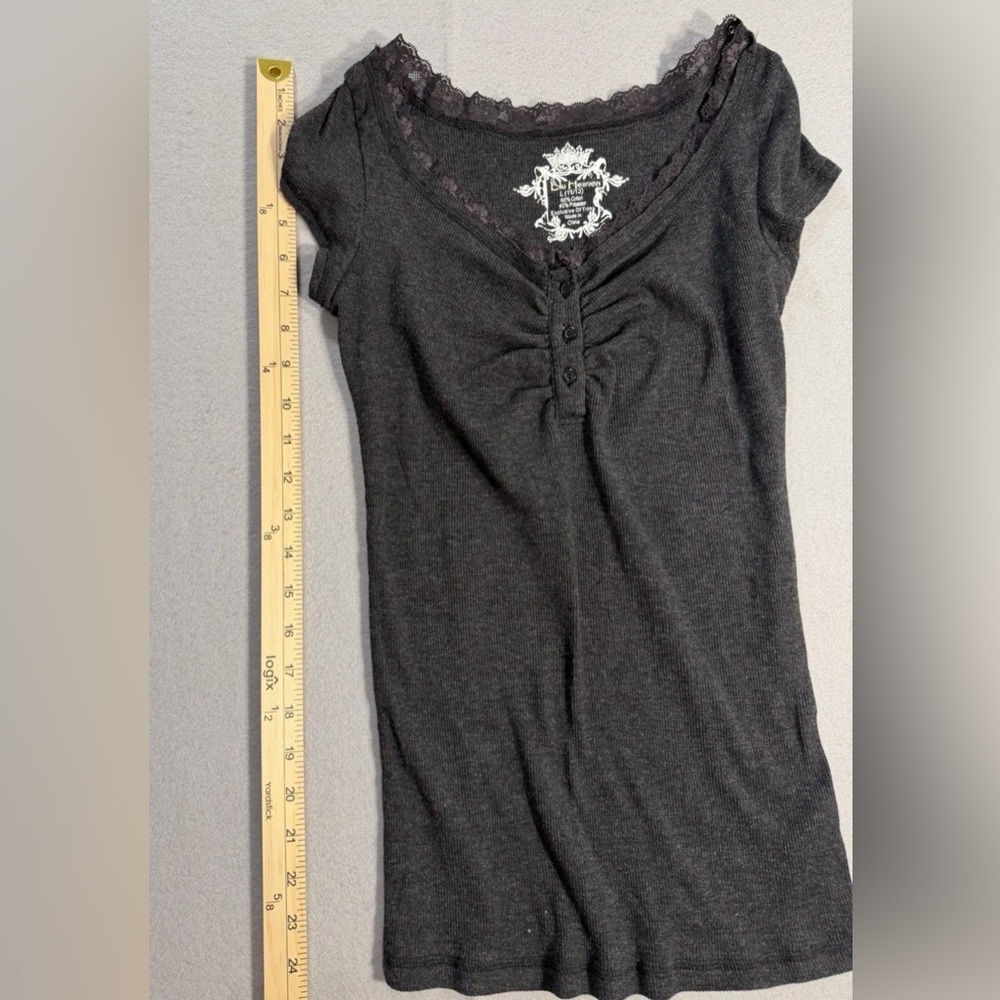 Y2K Style Women's Short Sleeve Henley Top in Black Soot w/Lace Trim - Picture 4 of 7